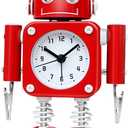 Betus Non-Ticking Robot Alarm Clock Stainless Metal - Wake-up Clock with Flashing Eye Lights and Hand Clip (Ruby Red)