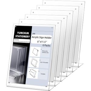 YUNCHUN 6 Packs Acrylic Sign Holder 8 x 11.5 Standing, L-Shape Magnetic 8 x 11 Menu Holder, Table Display Stand of Slant Back & Acrylic Frame for Store, Wedding, Restaurant, Hotel, Office Use