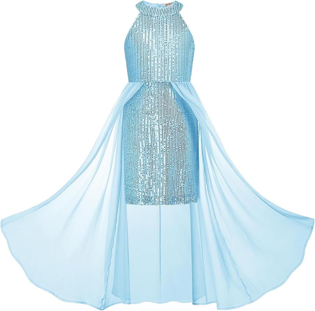 GRACE KARIN Girls Halter Neck Sequin Dress Kids Fancy Formal Party Christmas Sparkly Pageant Birthday Dresses (Blue, 10Y)