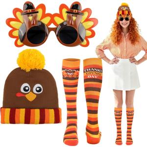 3 Pcs Thanksgiving Turkey Costume Set with Knitting Embroidery Turkey Hat Turkey Trot Socks and Funny Turkey Glasses for Kids Adults Men Women, Autumn Running Cosplay, Thanksgiving Winter Clothing