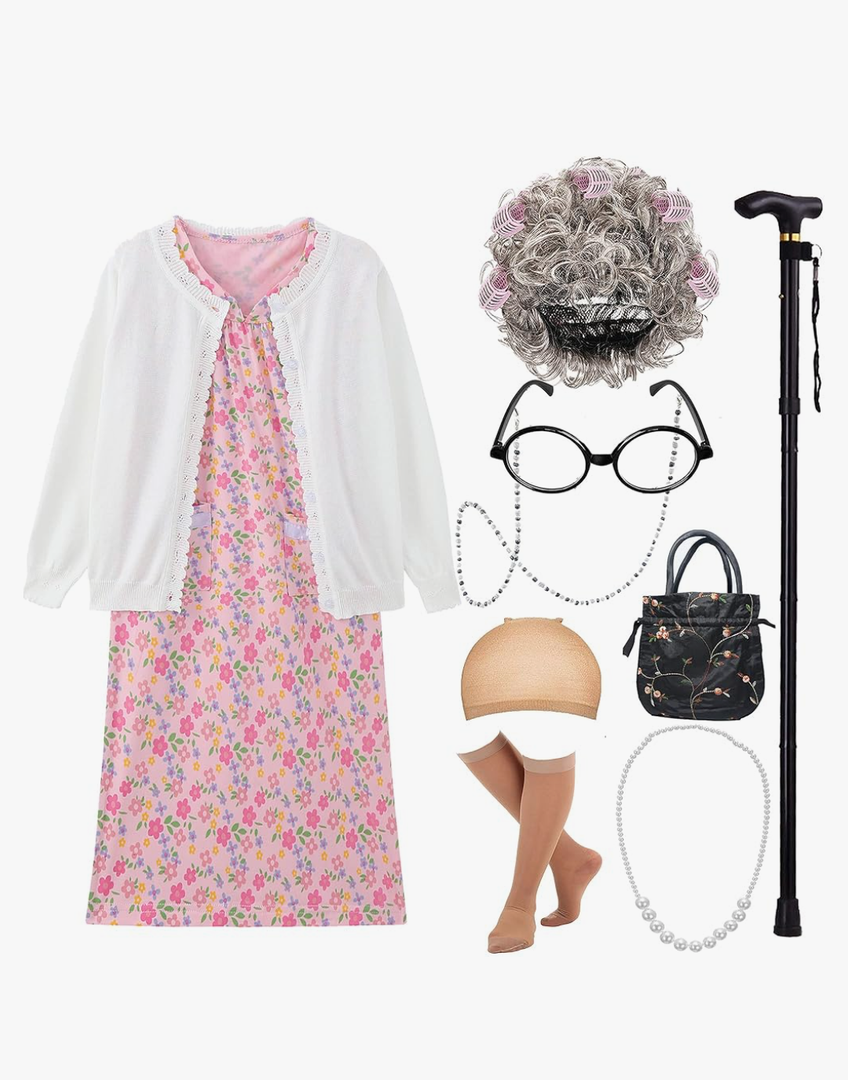 EBYTOP 2023 Old Lady Costume for Kids Granny Dress Halloween Accessories for Girl