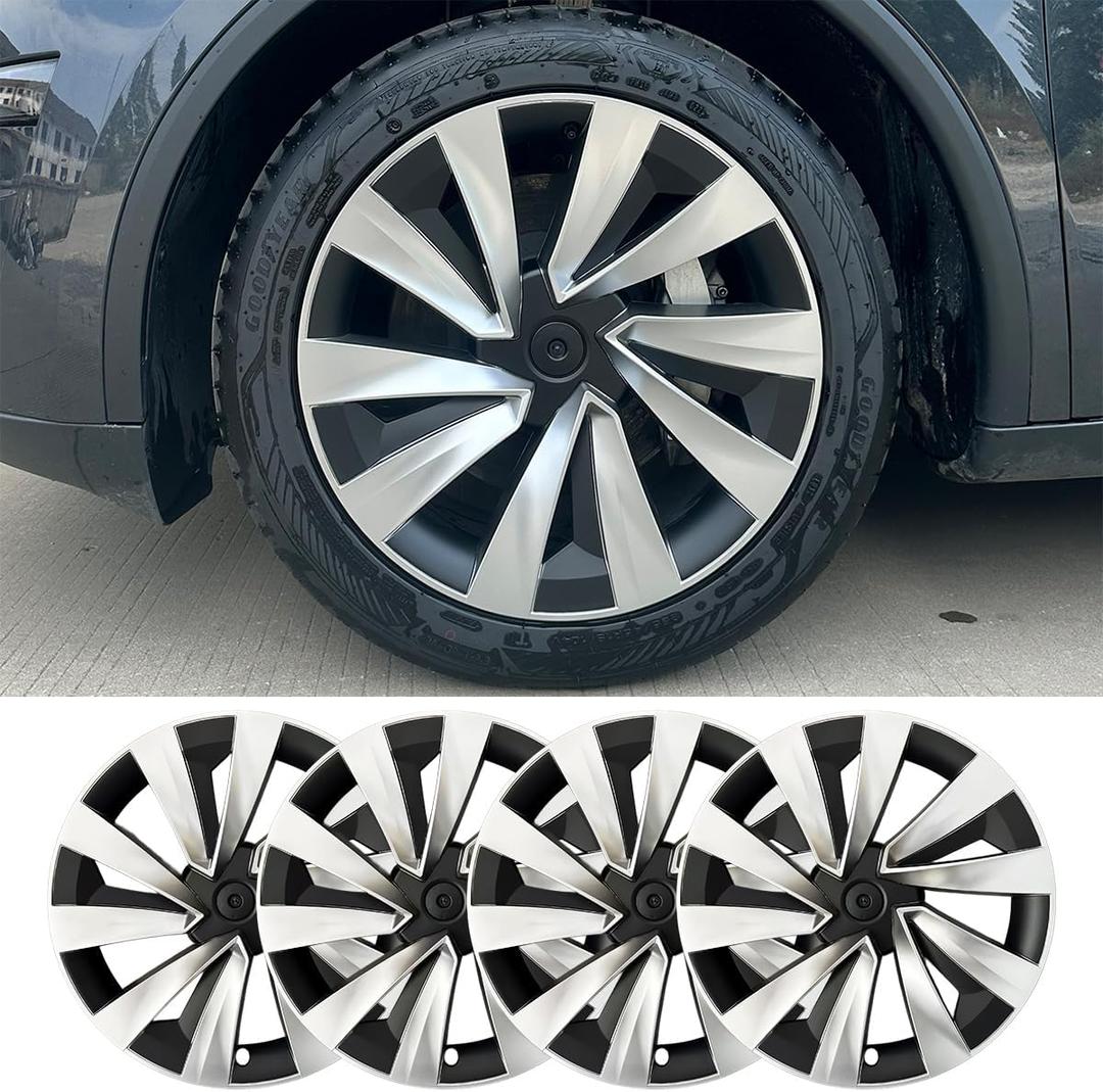KAVANIC 4pcs Hubcaps Fits for Tesla Model Y Juniper 19Inch 2025 2026 (RWD/AWD), Aerodynamic Design, for Model Y Juniper Hubcaps for 19" Crossflow Wheels Easy Snap-On Installation (Sliver Black)