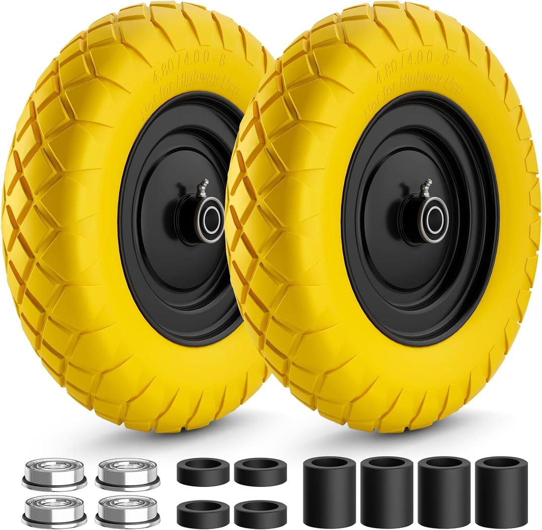 RONPOW 4.80/4.00-8 Flat Free Wheelbarrow Tire and Wheel, 16" Puncture Proof | Solid Replacement Tires with 5/8" & 3/4" Bearings, 400Lbs Load, Universal Fit for Garden, Farm & Construction, 2Pack Yellow