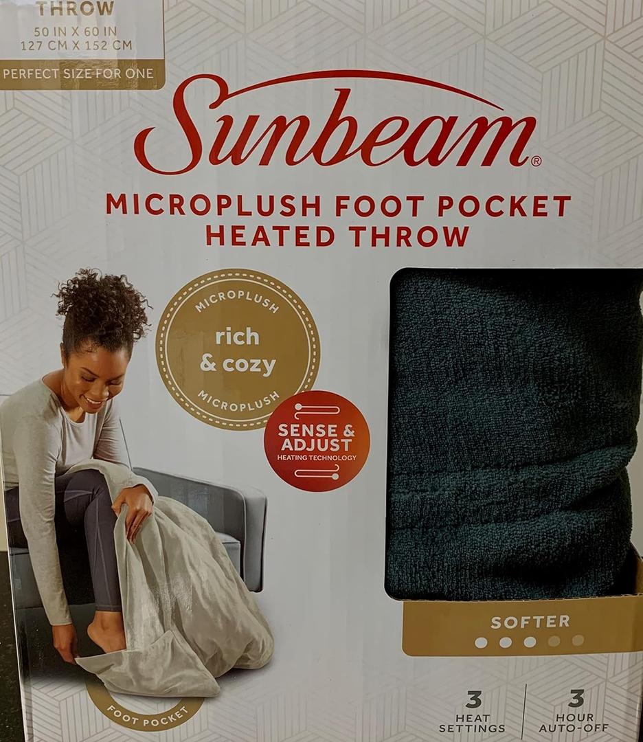 Newell Brands Sunbeam MIcroplush Soft Electric Heated Throw Blanket with Foot Pockets 3 Heat Settings and Auto-Off, Grey, 50''x60'', Full Size