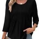XIEERDUO 3/4 Length Sleeve Tops for Women 2025 Crewneck Casual Pleated Tunic Tops Loose Fit Shirts Blouses (Black)
