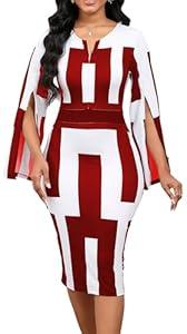Women Sexy Dresses Bodycon Church 3/4 Sleeve African Print Pencil Party Office Dress Work with Split (Small)
