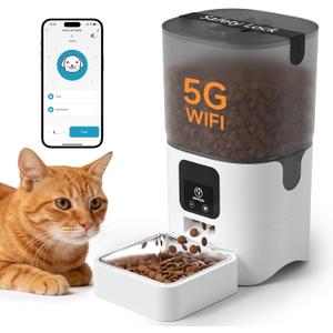 PAPIFEED Automatic Cat Feeder with App, 5G WiFi Cat Food Dispenser, 6L Timed Cat Feeder for Dry Food, 10 Meals/Day, 12 Portions/Meal, Dual Power Supply Smart Pet Feeder for Small Dog, White