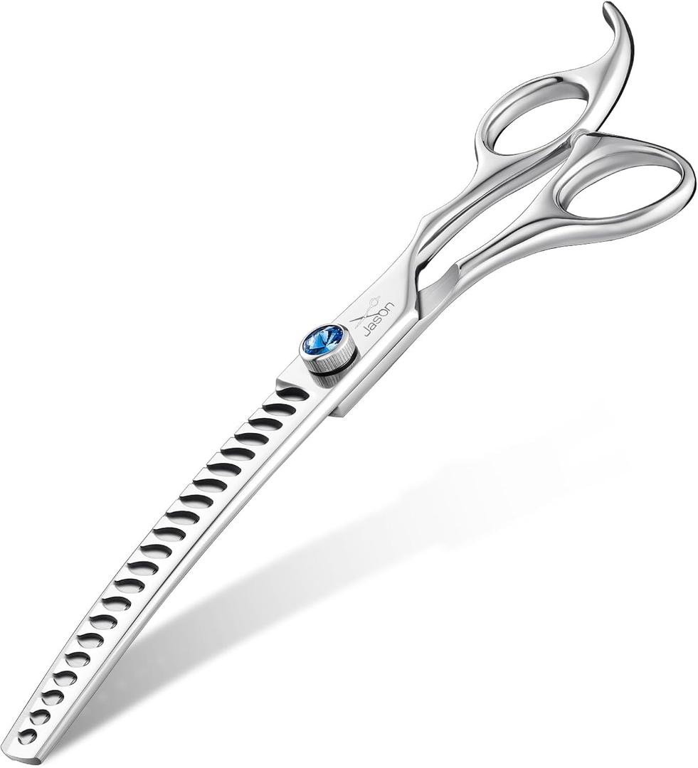 JASON 7" Curved Chunker - Ergonomic Dog Grooming Scissors - Silver - 440C Stainless Steel - Professional Dog Shears For Groomer (21-Teeth) Christmas Gift