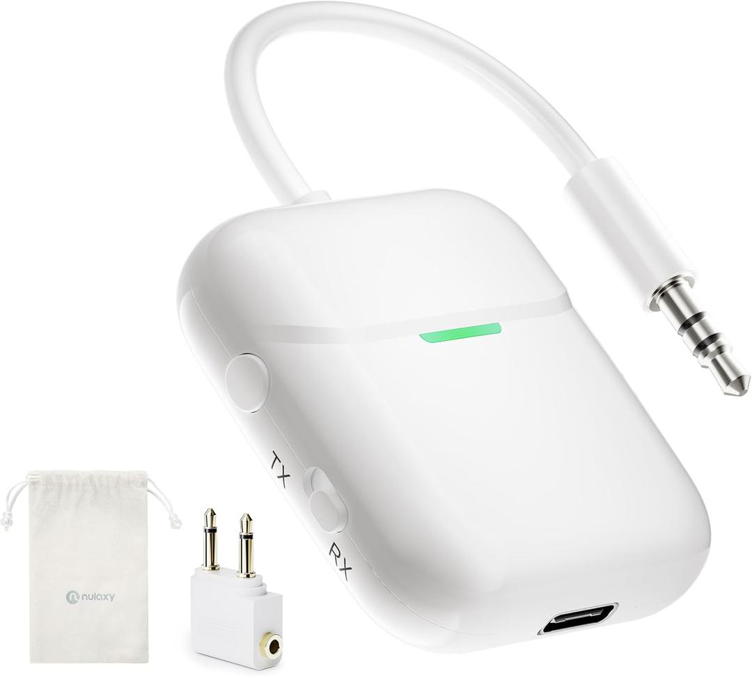 Nulaxy Air in-Flight Bluetooth Wireless Audio Transmitter Receiver for up to 2 AirPods & Wireless Headphones, Bluetooth Adapter for All 3.5mm Jacks on Airplanes, Gym Equipment, TVs & Gaming Consoles (A-White)