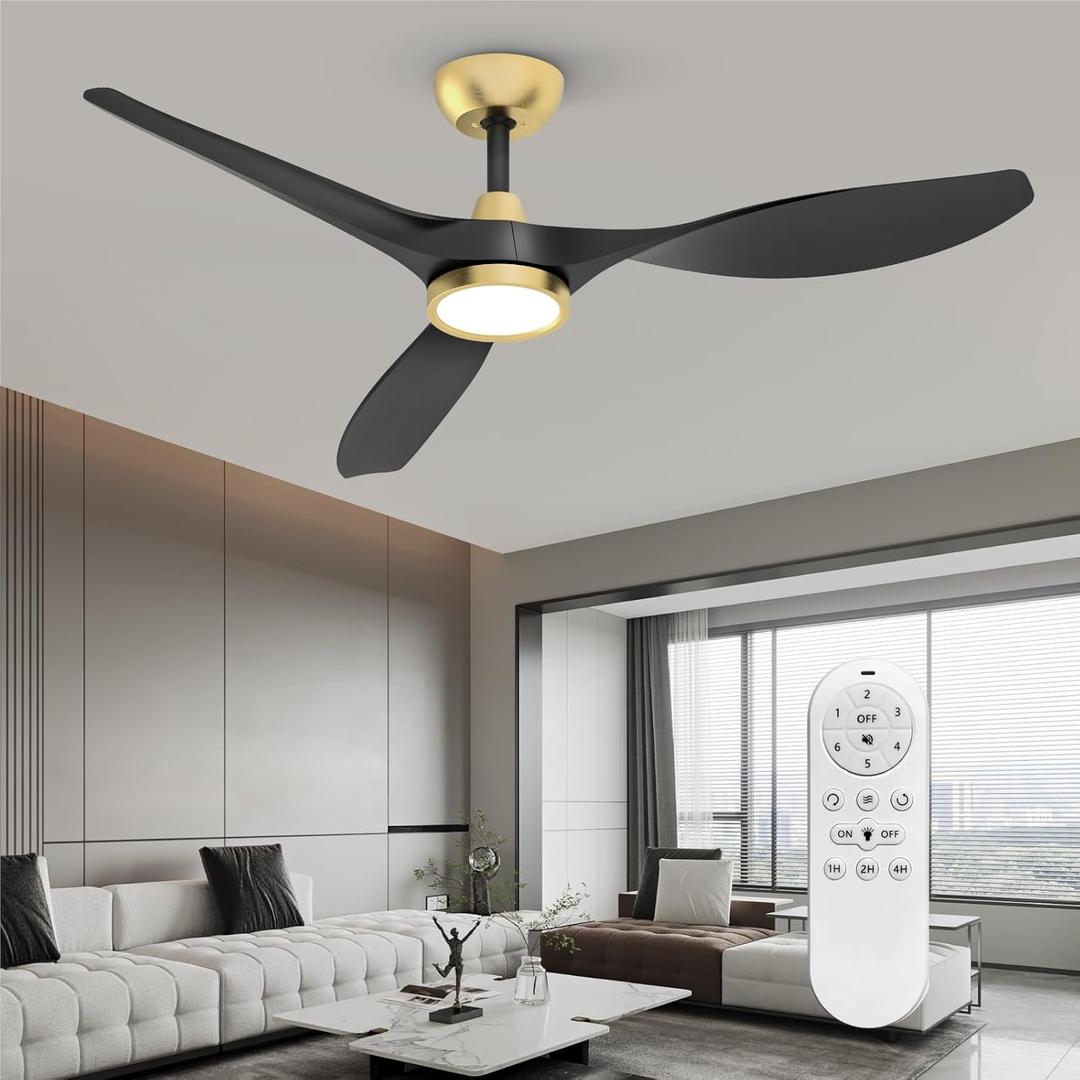 Roomratv Ceiling Fans with Lights and Remote Control,Quiet Noiseless Reversible DC Motor,6 Speeds,Timers, 3 CCT, Indoor Use, Plastic Blades,52 Inch Black and Gold Modern Ceiling Fan for Living Room