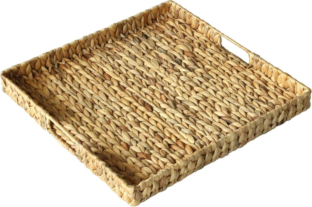 Extra Large Square Ottoman Table Tray 19.7" with Handles - Handmade Wicker Serving Hand Woven Tray for Farmhouse Decorative Oversized Coffee Table Trays Living Room Kitchen Counter Breakfast