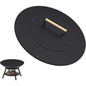 20" Wooden-Handle Fire Pit Lid for Pits up to 18", Round Metal Bonfire Pit Burner Pan Cover, Smokeless Fire Pit Cover for Fire Tables, All-Weather Resistance Outdoor Firepit Accessory