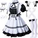 Wannsee Anime French Maid Apron Lolita Fancy Dress Cosplay Costume Furry Cat Ear Gloves Socks set(3XL) (Black-white)