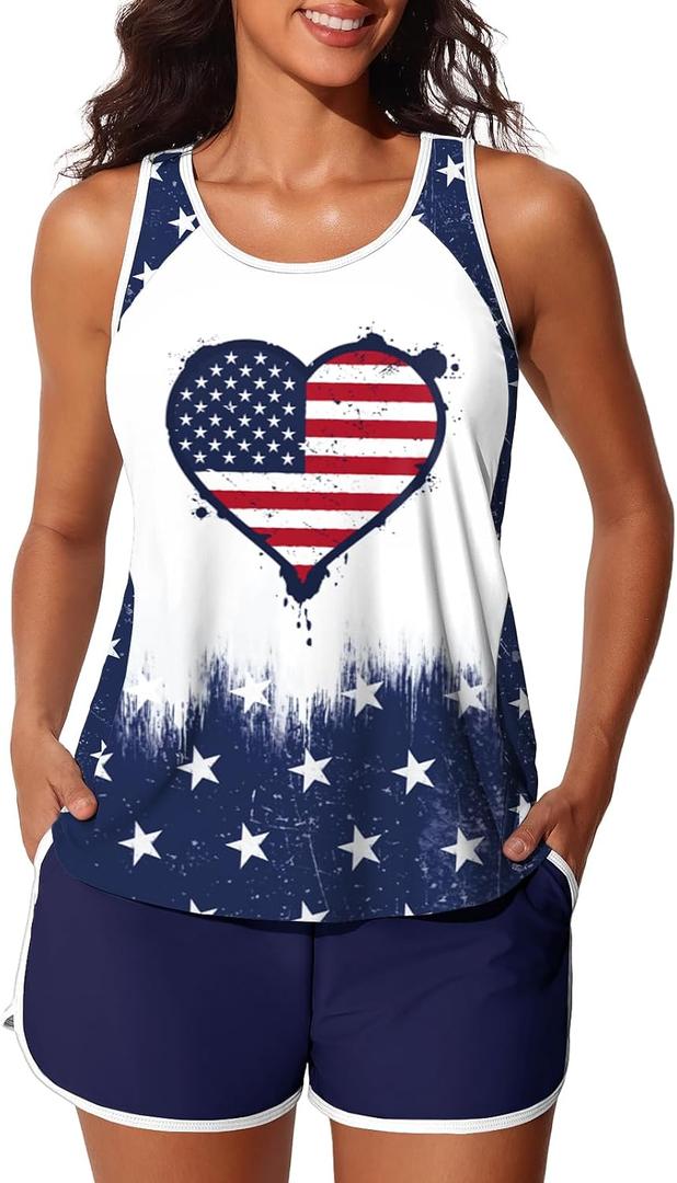 Summer Mae Blouson Tankini Swimsuits for Women 2026 Tummy Control Two Piece Bathing Suits with Sporty Pockets Swim Shorts Flag of Hearts, Size 12