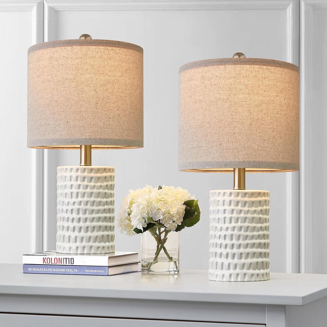 PORTRES 18.25" Modern Accent Ceramic Table Lamp Set of 2 for Bedroom White Desk Decor Bedside Lamps for Living Room Study Room Office Dorm Farmhouse Nightstand Lamp End Table Lamps (Medium -White)