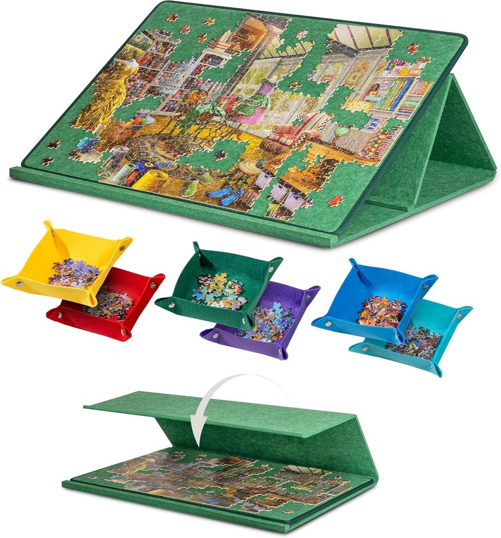 1000 Pieces Portable Jigsaw Puzzle Board with 6 Colored Sorting Trays, Tilting Puzzle Boards with 2-in-1 Stand & Cover, Lightweight Felt Jigsaw Table with Angle Adjustments - Green