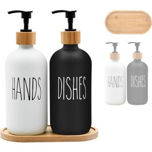 Glass Soap Dispenser Set, 16 OZ Hand and Dish Soap Dispenser Set with Bamboo Tray Modern Farmhouse Kitchen