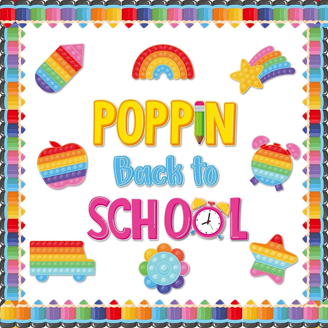 AgincBerry 82PCS POPPIN Back to School Classroom Bulletin Board Set, Pop Fidget Toy Cutouts and Pencil Trim Boarder, First Day of School for Kindergarten Preschool Classroom Chalkboard Wall Decoration