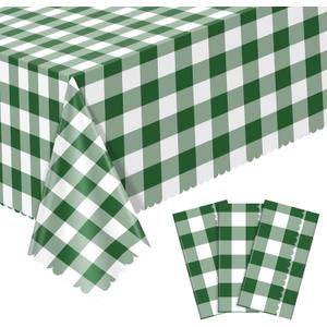 NatNarr 3 Pack Green Gingham Tablecloths, 54 X 108Inch Disposable Scalloped Green and White Checkered Table Cloth, Waterproof Table Cover for Party Picnic Birthday Barbecue Camping Wedding