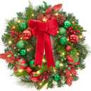 Christmas Wreath for Front Door, 22 Inch Large Outdoor Christmas Wreath, Lighted Xmas Wreath with Red Green Ball Ornaments Velvet Bow and 30 LED Lights for Fireplace Window Holiday Decor