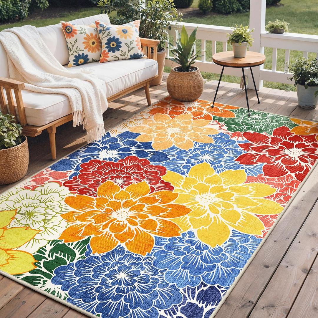 GENIMO Indoor Outdoor Area Rug 8'x10', Machine Washable Rugs for Patio, Waterproof, Non-Slip Easy Cleaning Floral Outdoor Mat Carpet for Living Room, Bedroom, RV, Balcony, Deck, Camping, Colorful (Multi-colored)