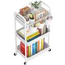 MOYIPIN 3-Tier Plastic Rolling Utility Cart with Handle,Utility Storage Cart for Office, Living Room, Kitchen,Movable Storage Organizer Shelves,White with 4 Hanging Cups