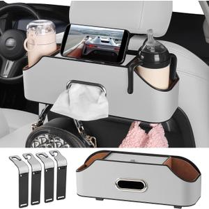 Car Rear Backseat Extra Multifunctional Drink Cup Holder Organizers with Tissue Storage Box Organizer & Hooks for Car Seat Back (Gray)