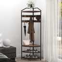 GiftGo Corner Hall Tree with Shoe Bench Entryway Coat Rack with 10 Metal Movable Hooks Floor Standing Clothes Rack Shoes Shelf Organizer for Home Office Bedroom (Rustic Brown), 71.3 Inches X 19.7 Inches X 19.7 Inches