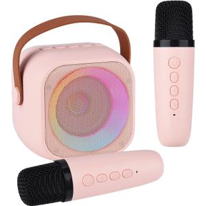 Karaoke Machine for Kids Adults, Mini Portable Bluetooth Karaoke Speaker with 2 Wireless Microphone and Lights,Toys for All Smartphones,Birthday, Family,Home Party Pink