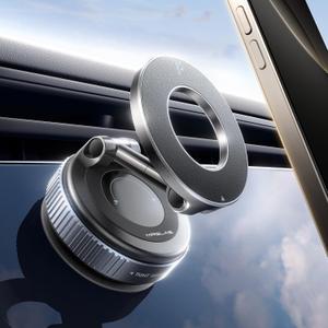MRGLAS 2025 Upgraded for Magsafe Car Mount, Vacuum Magnetic Phone Holder Stand, Suction Cup Phone Mount [89+LBS Strongest Suction &2800gf Strongest Magnetic] 360 Adjustable for Your Car/Gym/Mirror (Dark Black)