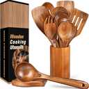 12 Pcs Teak Wooden Utensil Set with Holder & Spoon Rest, Wooden Spoons for Cooking with Comfort Grip, Wooden Cooking Utensils Set for Nonstick Cookware, Lightweight & Heat Resistant Kitchen Utensils