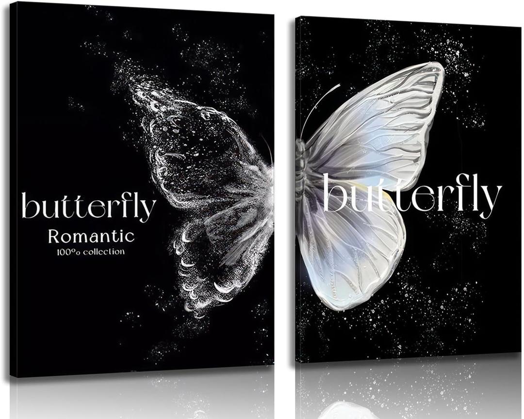 EAGLOG 2 Pieces Black and White Butterfly Wall Art Romantic Series Dreamy Starry Sky Modern Abstract Simple Painting Prints Artwork for Living Room Bedroom Wall Decor 16L x 12W Wrapped Canvas