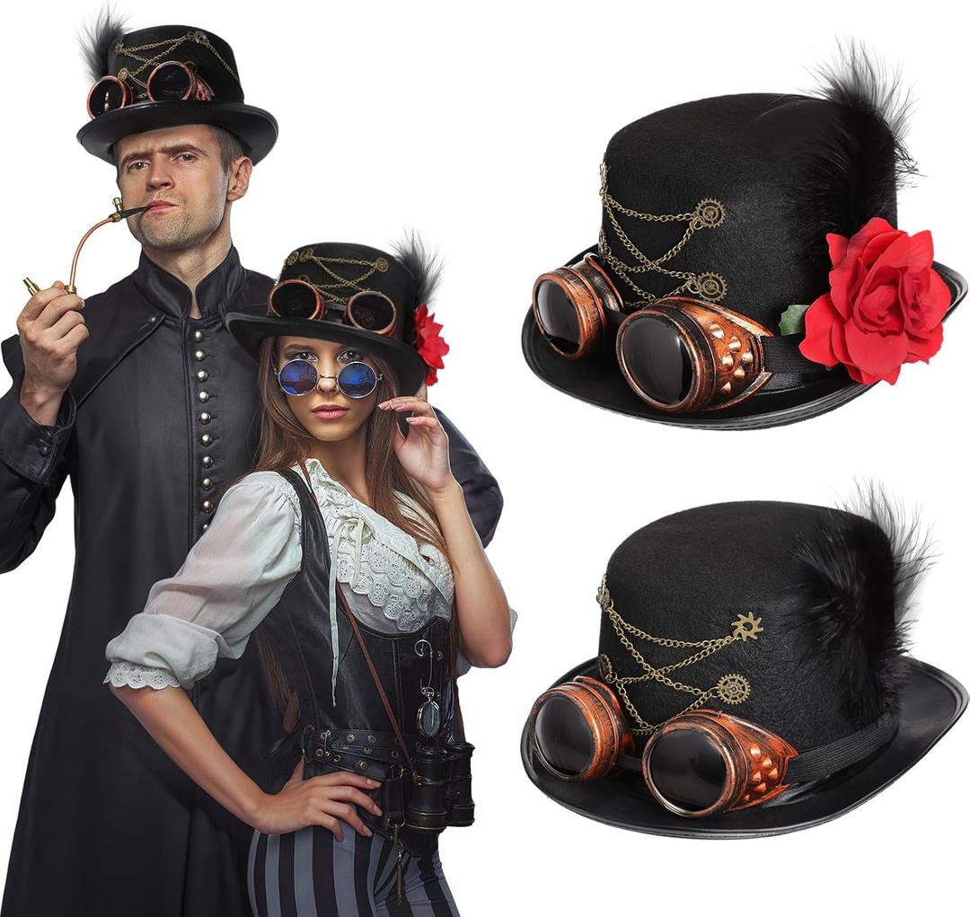 Ramede 2 Pcs Steampunk Top Hat Halloween Costume Hat with Goggles Rose for Couple Friend Cosplay Party Accessories