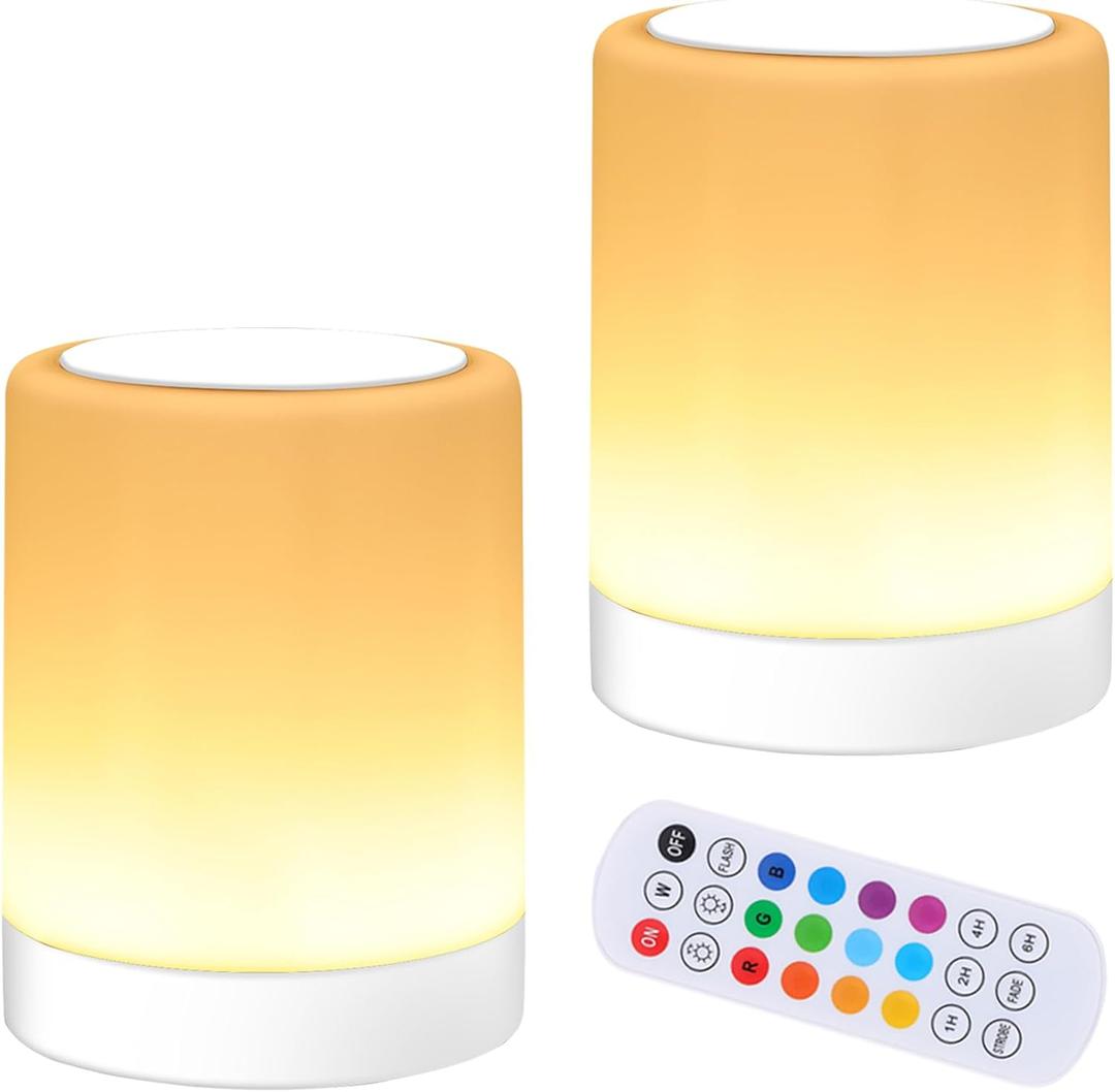 OORUN Touch Bedside Table Lamp,13 RGB Colors & 5 Brightness, USB Rechargeable Desk Lamp, Remote Control Dimmable Night Light with RGB Color Changing, Portable Lamp for Baby (2 Pack White)