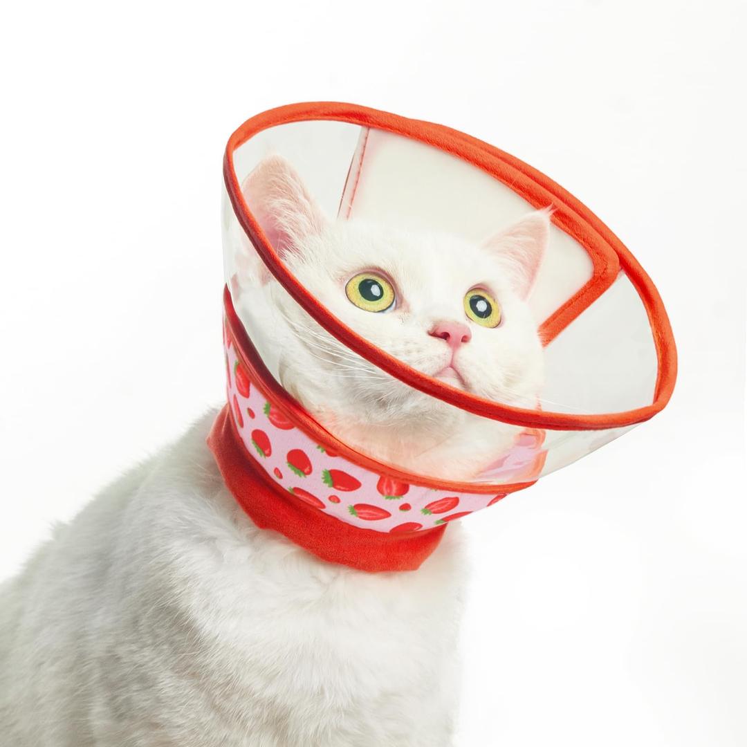 PUPTECK Cat Cone Collar Soft for Neck, Cat Recovery Collar to Stop Licking After Surgery, Adjustable Elizabethan Pet Collar for Small Medium Cats Kittens, Red M