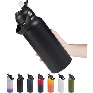 32oz Insulated Stainless Steel Water Bottle, Wide Mouth Double Wall Vacuum, Silicone Straw, Sweat & Leak Proof, BPA Free Insulated Water Flask for Travel, Keep Cold 24h Hot 12h, Black