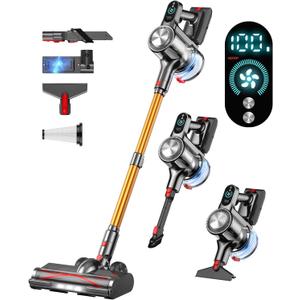 Cordless Vacuum Cleaner, 45Mins Vacuum Cleaners for Home with LED Display, Stick Vacuum Cordless Rechargeable, Wall-mounted Charging, Wireless Vacuum for Home Pet Hair, Carpet, Hardwood Floor (Yellow)
