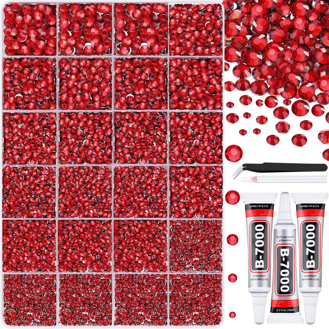 32000Pcs Resin Rhinestones with Tweezers for Crafting, Red Flatback Gems, Bedazzling Crystal with 3Pcs 10ml B7000 Jewelry Glue for DIY Crafts Clothing Tumblers Shoes Fabric Nail Art