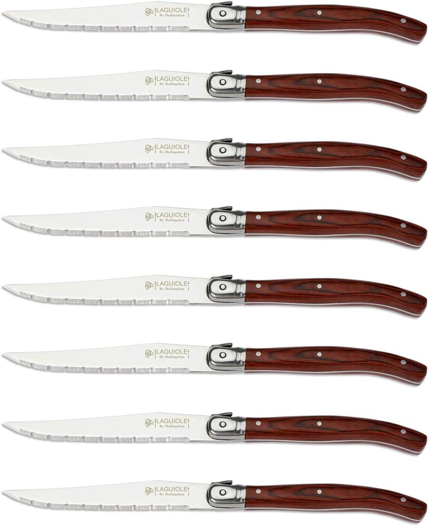 Steak knives Serrated Edge Sharp Light Premium Dishwasher Safe Stainless Steel Knife Set of 8 Wood Handle with Gift Box