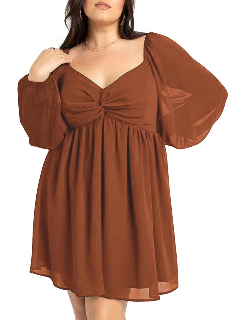SCOMCHIC Women's Plus Size Puff Long Sleeve Dresses Sweetheart Neckline A Line Short Wedding Guest Cocktail Dress Rust (Brown, XXXL)