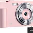 Digital Camera, FHD 4K Digital Point and Shoot Camera with 16X Zoom Anti Shake, 48MP Compact Small Camera with 32GB Card for Boys Girls Kids Shell Pink