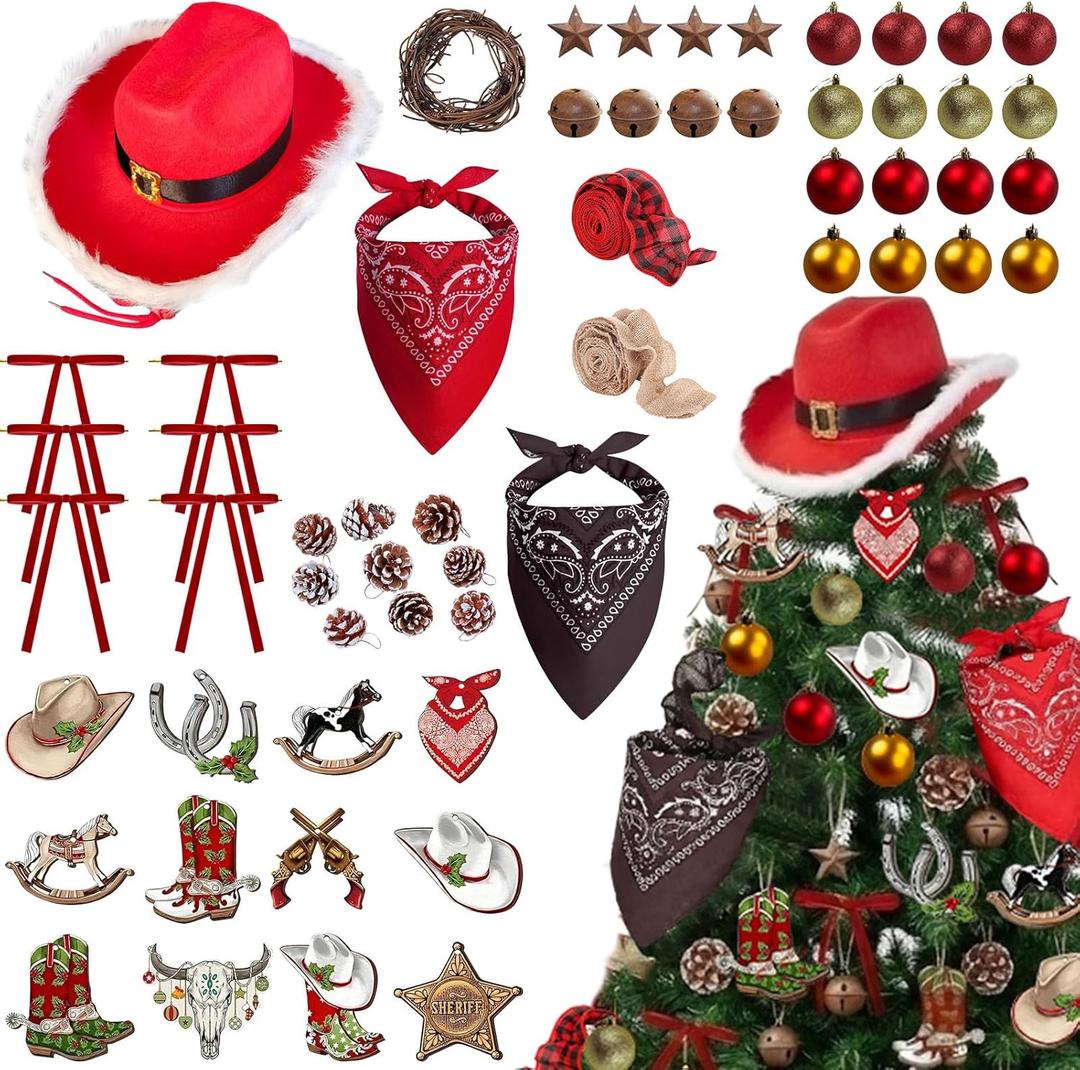 Western Christmas Tree Decorations Ornaments for Christmas Tree Cowboy Hat Xmas Ornament for Holiday Country Party Home Decor(Red)