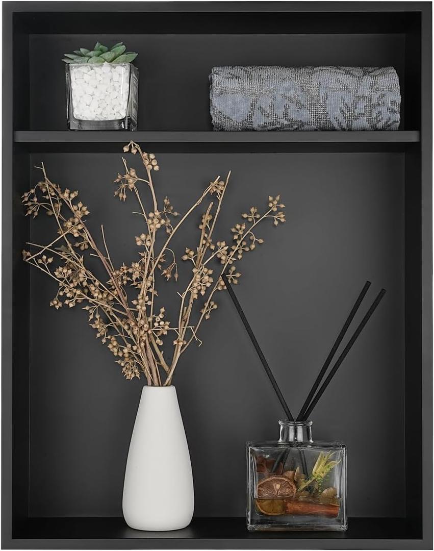 JQK Shower Niche No Tile Need, 18"14" Matte Black Bathroom Insert Shelf 2 Layer, 304 Stainless Steel Recessed Shower Caddy Organizer Storage, SNL1814D-PB