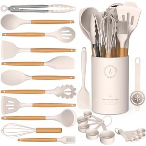 Silicone Cooking Utensils Set - AVGPD Silicone Kitchen Utensils for Cooking Wooden Handles, 446°F Heat Resistant Kitchen Utensil Spatula Sets w Holder, Gadgets for Non-Stick Cookware BPA FREE (Khaki)