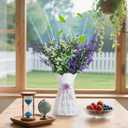 Artificial Flower 3-in-1 Set Hollow Vase with 4 Faux Lavenders 14oz Nano Mineral Crystal Beads Odor Absorber & Decorative Floral Arrangements for Indoor Bedroom Washroom, Purple White