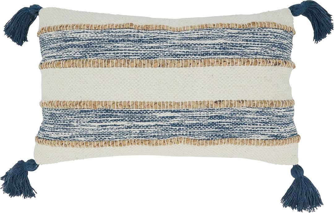 SARO LIFESTYLE Striped Tassel Corners Pillow Cover, Navy Blue, 12"x20"
