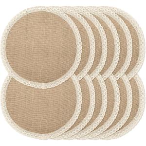 Round Burlap Placemats Set of 12 Jute Rustic Place Mats for Dining Tables Heat Resistant Natural Farmhouse Table Mats Decor for Thanksgiving (Brown lace)
