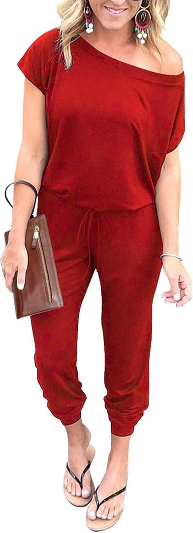 PRETTYGARDEN Jumpsuits for Women 2025 Summer Dressy Off Shoulder Romper Spring Vacation Travel Lounge Outfits Clothes (Medium, Red)
