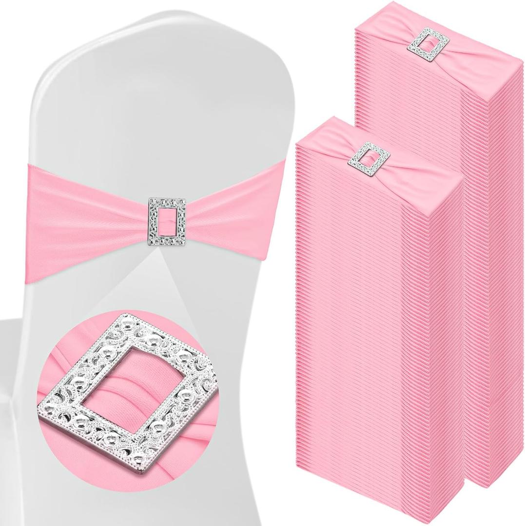 VitalCozy 150 Pcs Spandex Chair Sashes with Square Buckle Slider Stretch Chair Cover Band Universal Elastic Ties Straps Bows for Wedding Banquet Event Party Decoration(Light Pink)