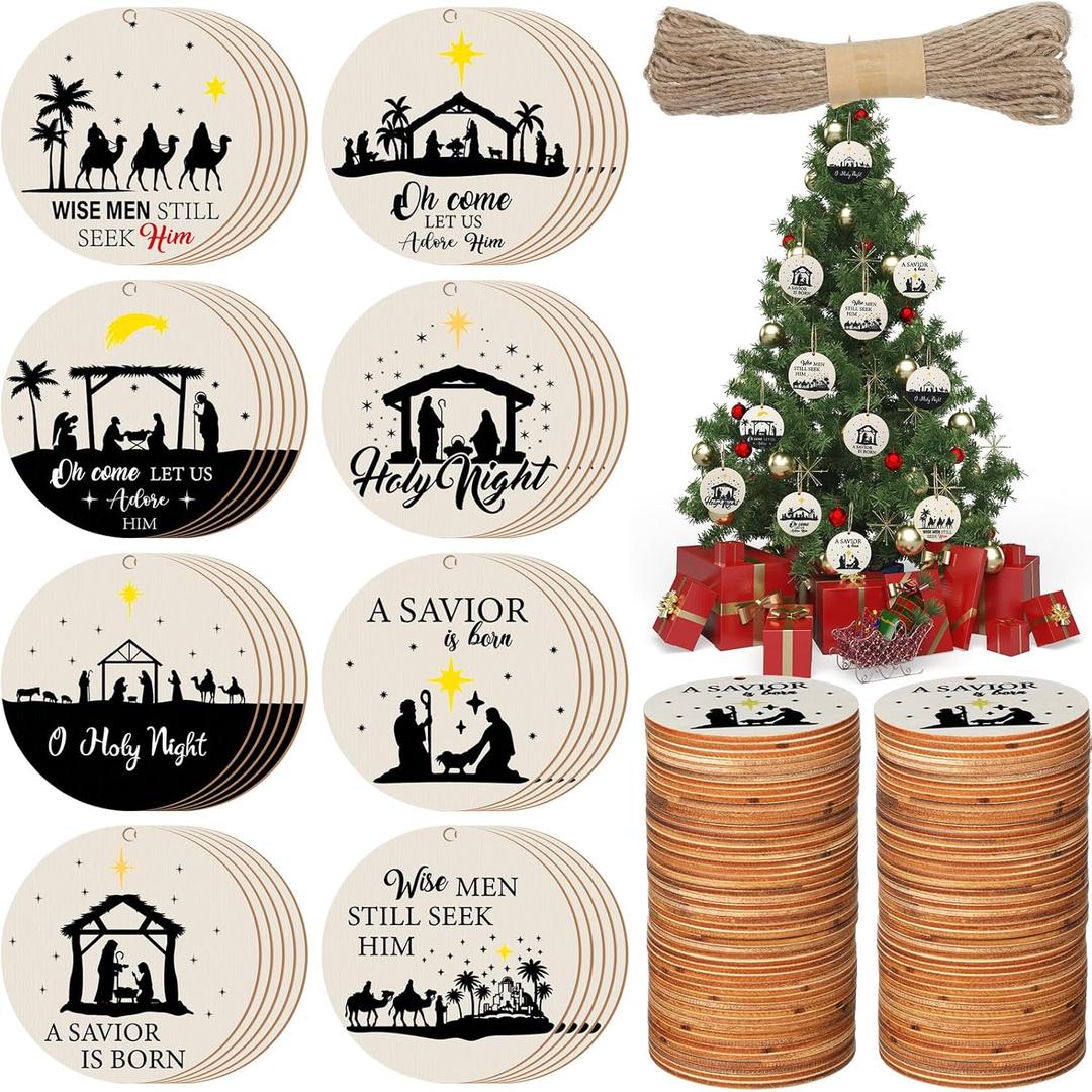 40 Pieces Nativity Scene Christmas Tree Ornament Wooden Nativity Scene Ornaments Wood Slice Nativity Decorations Christmas Wood Chips Xmas Round with 16 Yard Ropes for Xmas Tree Party Decoration